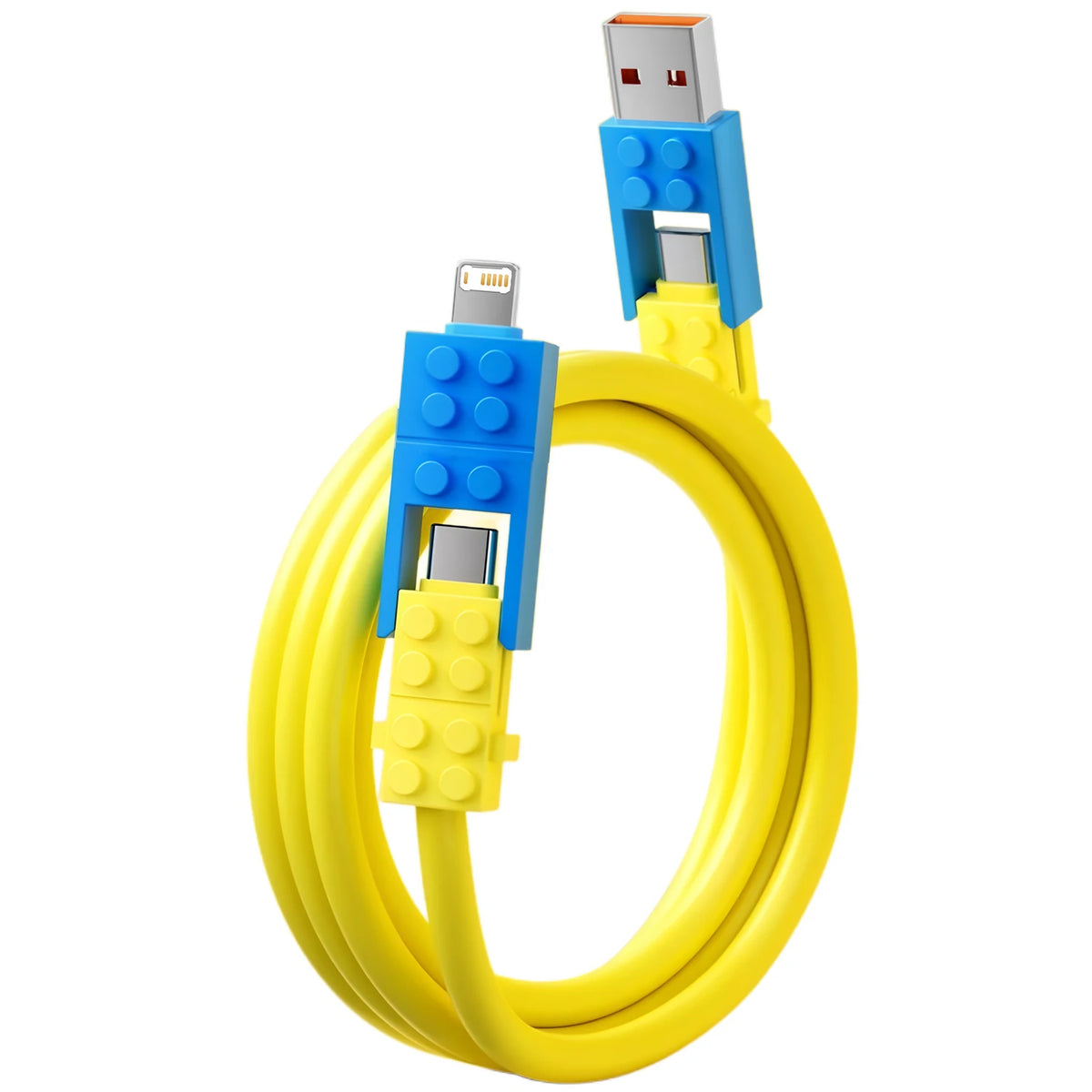 Building Block Charging Cable in yellow with blue block-style adapters and coiled cable
