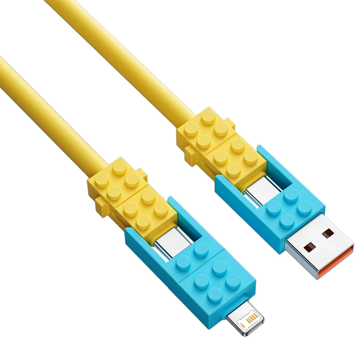 Building Block Charging Cable close-up of yellow and blue housings with USB-A, USB-C and Lightning connectors