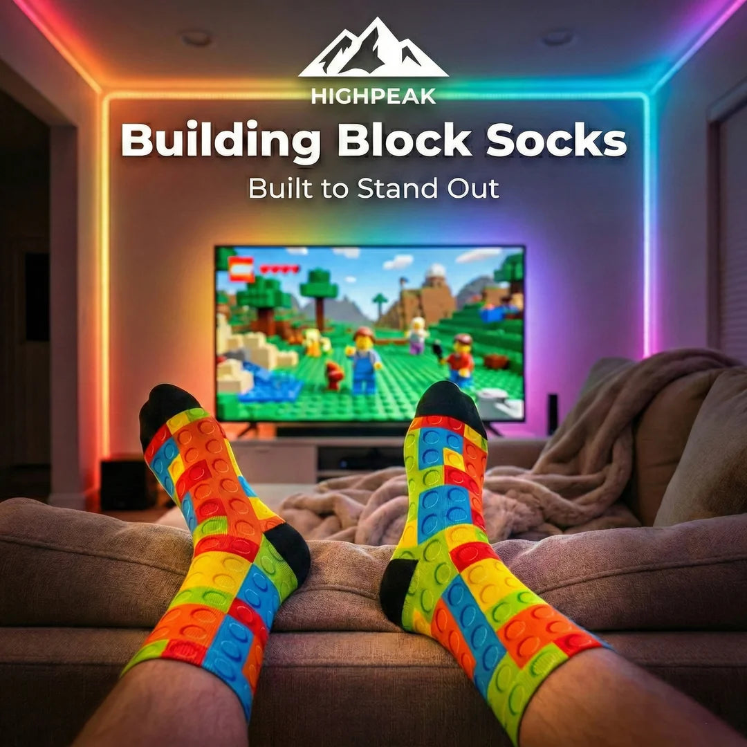 HighPeak Building Block Socks – Fun Colorful Crew Socks for Adults