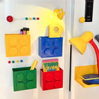 Building Block Storage Bins — Red, Yellow, Blue and Green bins arranged on a white surface with everyday supplies.