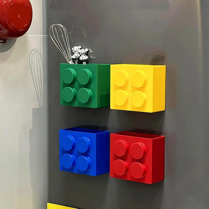 Building Block Storage Bins — Green, Yellow, Blue and Red bins arranged together on a refrigerator.