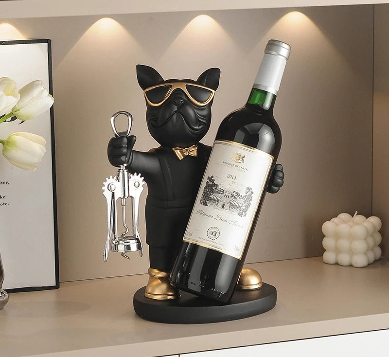Bulldog Wine Bottle Holder front view of the black stand style holding a tilted wine bottle on a kitchen counter.