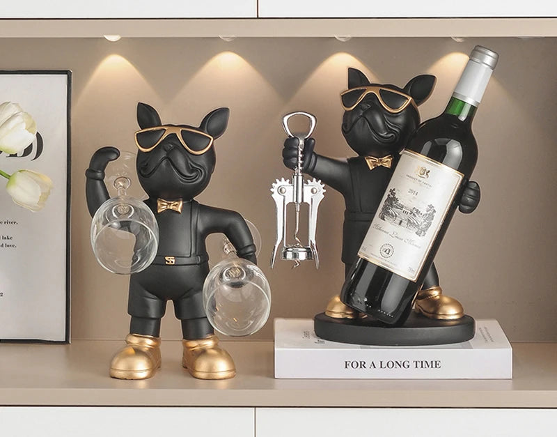 Bulldog Wine Bottle Holder black glass and bottle styles displayed together with the bottle holder on a book.