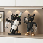 Bulldog Wine Bottle Holder black bottle and glass styles displayed together beneath kitchen cabinet lights.