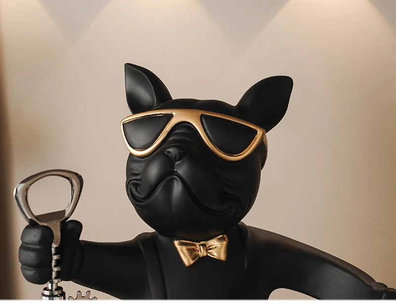 Bulldog Wine Bottle Holder close-up of the black bulldog face with sculpted sunglasses and gold-tone trim.