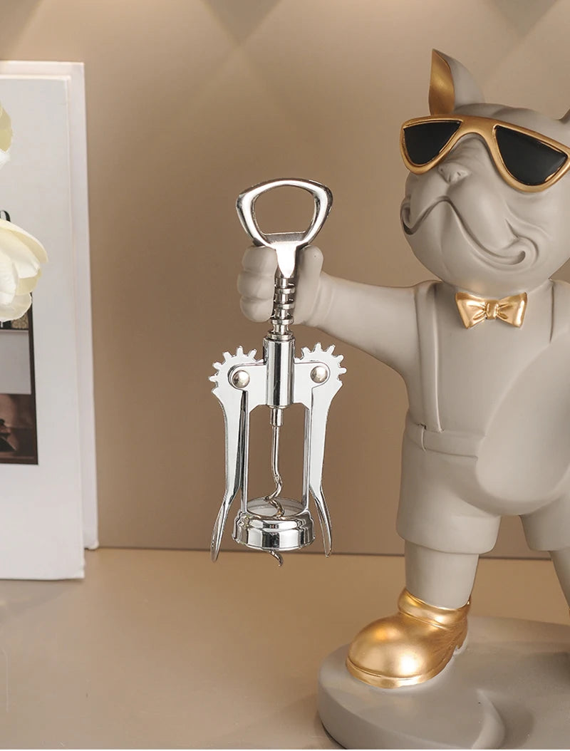Bulldog Wine Bottle Holder close-up of the grey stand style showing its raised hand holding a separate opener.