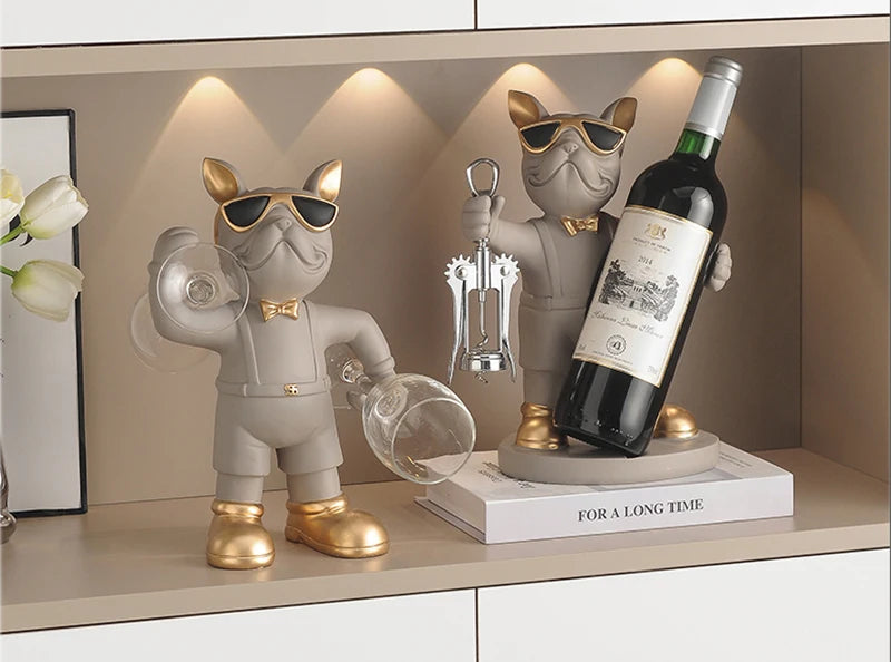 Bulldog Wine Bottle Holder wide view of the grey glass style beside the grey bottle holder under warm lights.