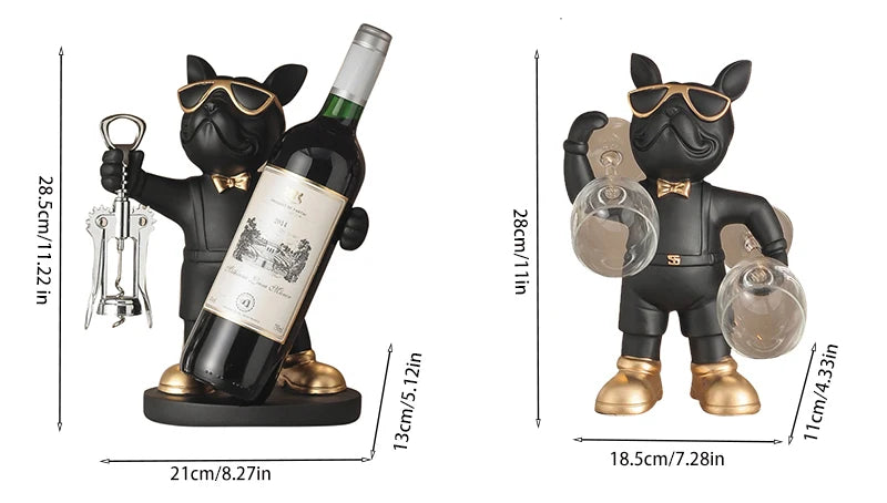 Bulldog Wine Bottle Holder measurement guide comparing the round-base bottle style and freestanding glass style.