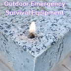 A burning acrylic fire starter tab resting on a stone block