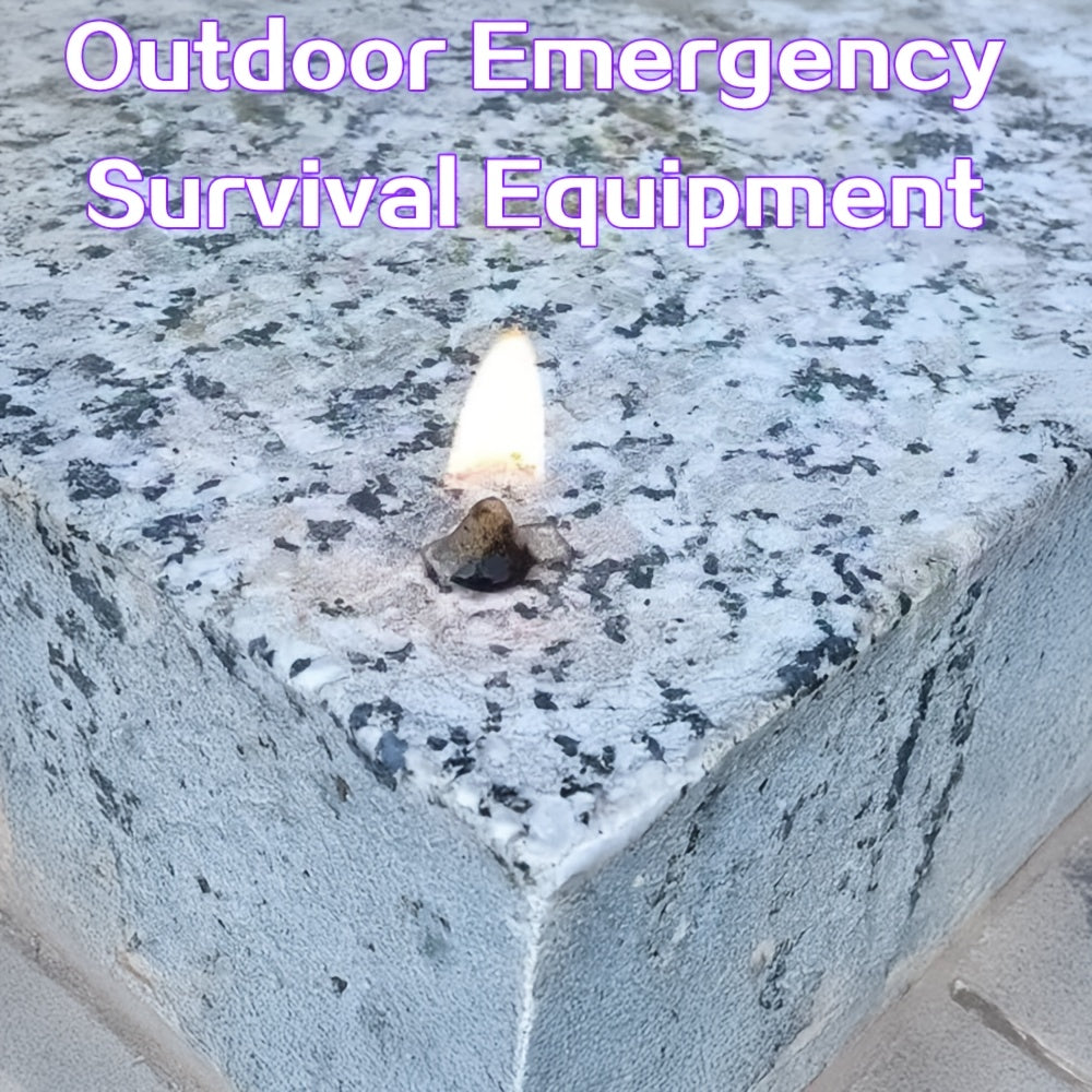 A burning acrylic fire starter tab resting on a stone block