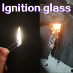 Burning Glass Fire Starters demonstration collage with a clear tab and wood stove