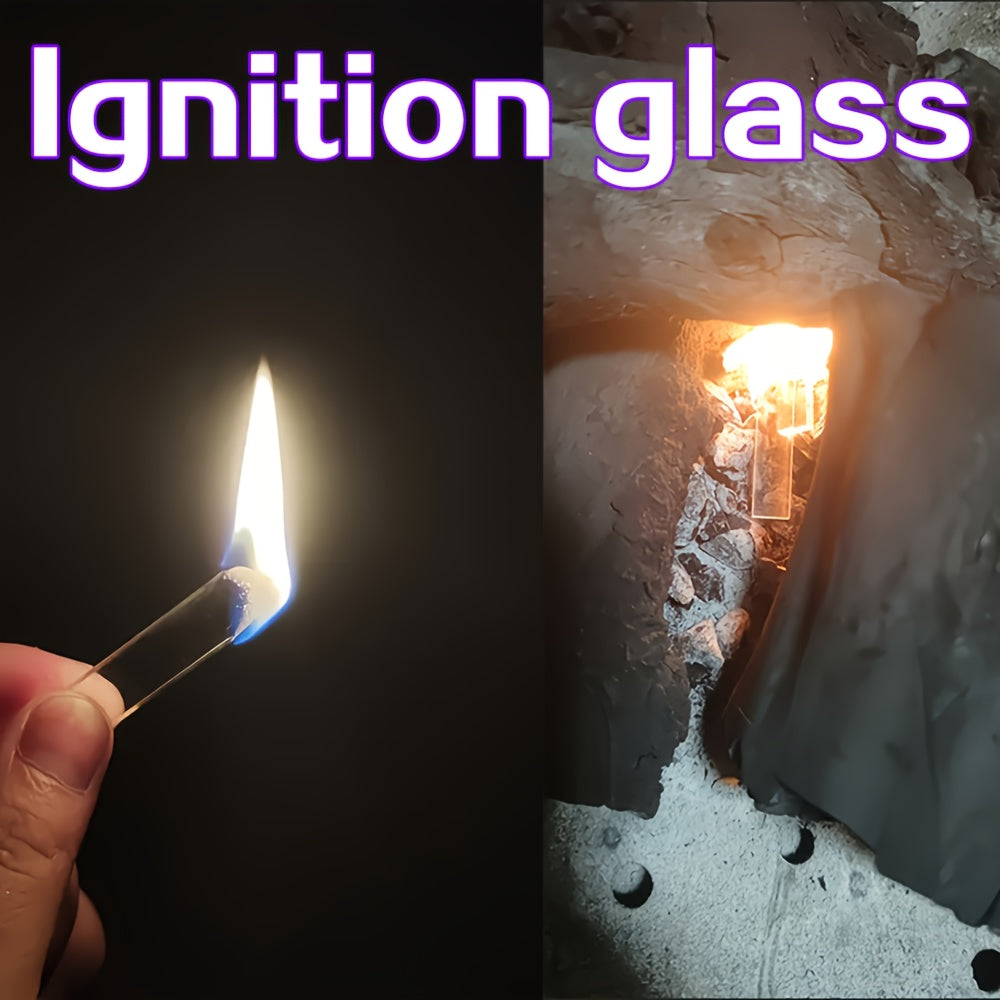 Burning Glass Fire Starters demonstration collage with a clear tab and wood stove