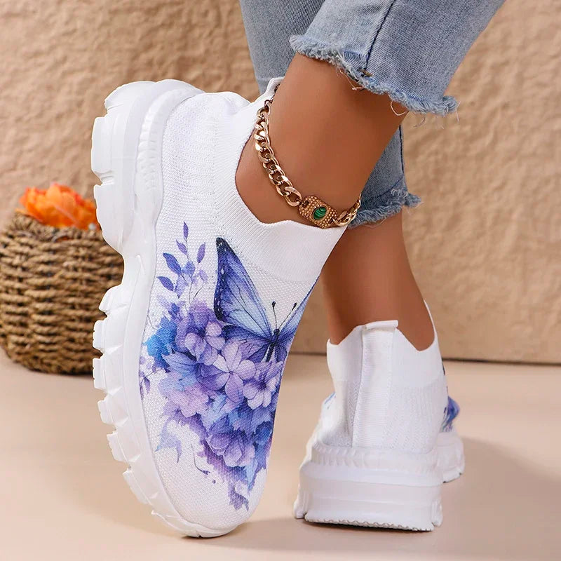 Butterfly Knit Shoes Blue Butterfly shoes showing the floral front, rear pull tab and white heel profile.