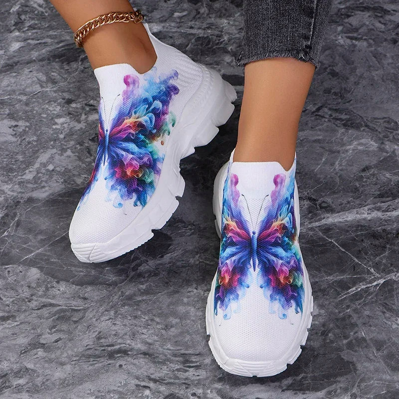 Butterfly Knit Shoes Colorful Butterfly shoes viewed from above, showing the print across both toes.