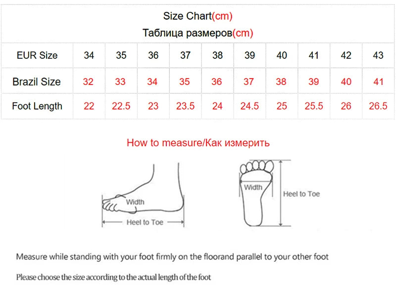 Butterfly Knit Shoes supplier size chart with EU and Brazil sizes, foot lengths in centimeters and measuring instructions.