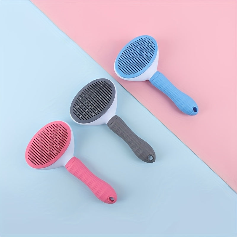 Three FurPop™ Self Cleaning Pet Brushes in pink, gray, and blue with ergonomic grips on a split pastel background, HighPeak.