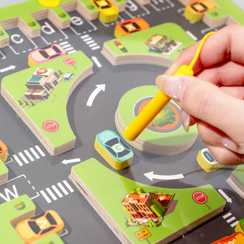 HighPeak MazeDrive™ magnetic parking puzzle showing yellow stylus guiding blue car on educational playboard with traffic signs.