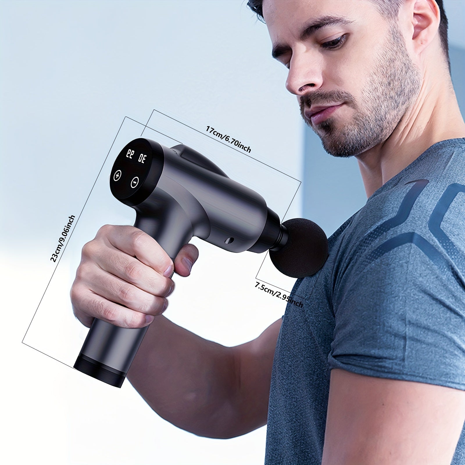 PulsePro™ Deep Tissue Massage Gun in black with LED display, held by man using on shoulder muscle relief by HighPeak