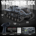 WarBeast RC Tank in gray with tracked treads, remote control, dual batteries, and packaging by HighPeak.