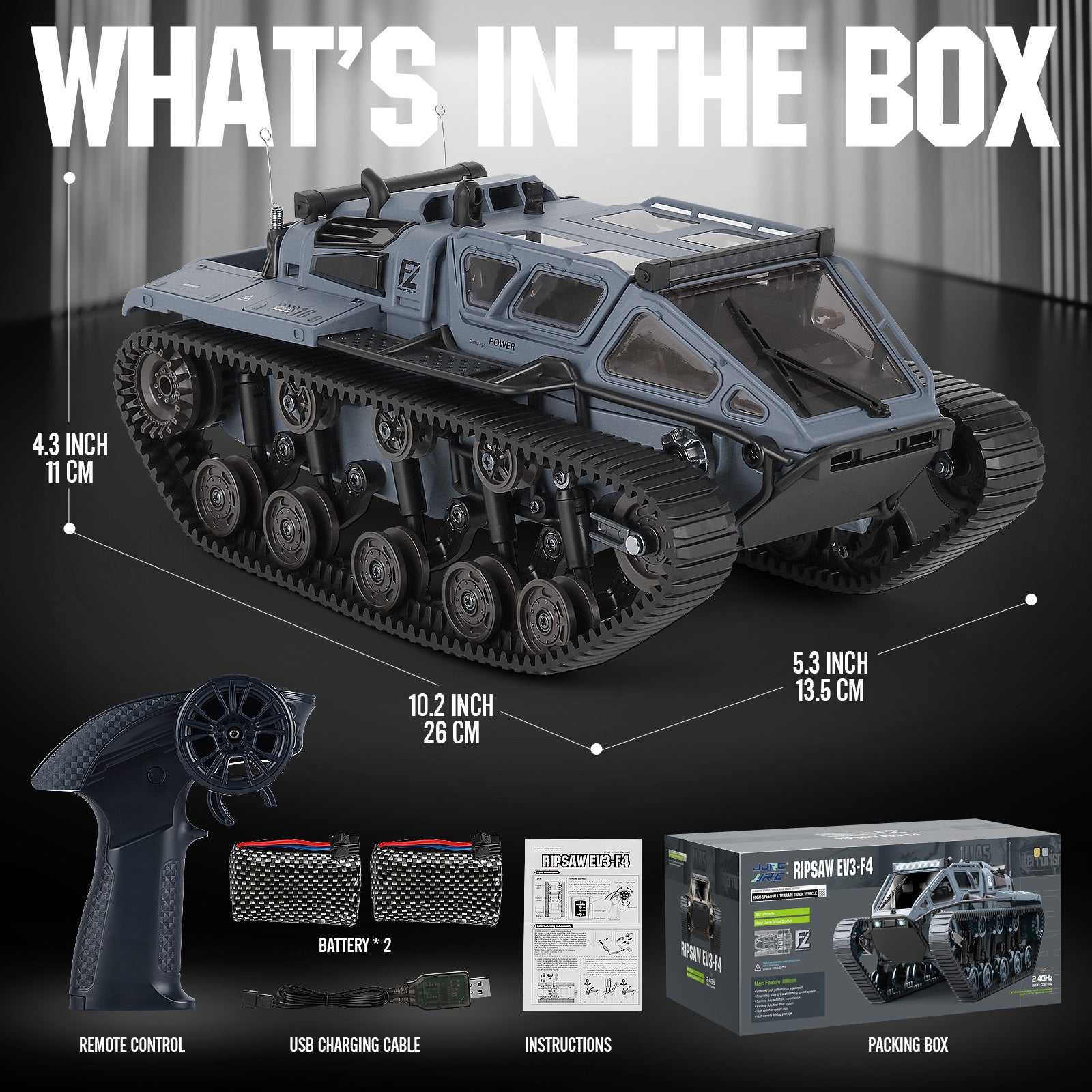 WarBeast RC Tank in gray with tracked treads, remote control, dual batteries, and packaging by HighPeak.
