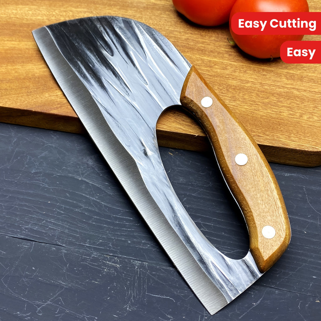 HighPeak Ergonomic Chef Knife with wooden handle and ultra-sharp blade on dark surface next to tomatoes and cutting board