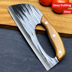 HighPeak Ergonomic Chef Knife with wooden handle and ultra-sharp blade on dark surface next to tomatoes and cutting board