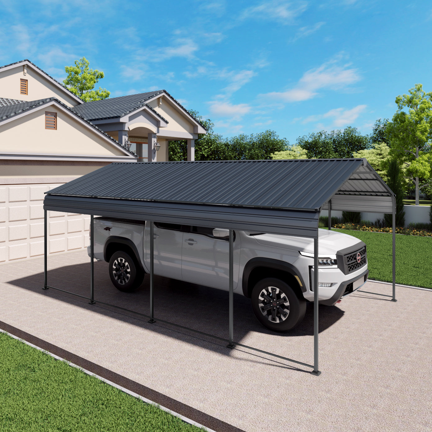 HighPeak Metal Carport in black with galvanized steel roof sheltering a white truck in a suburban driveway