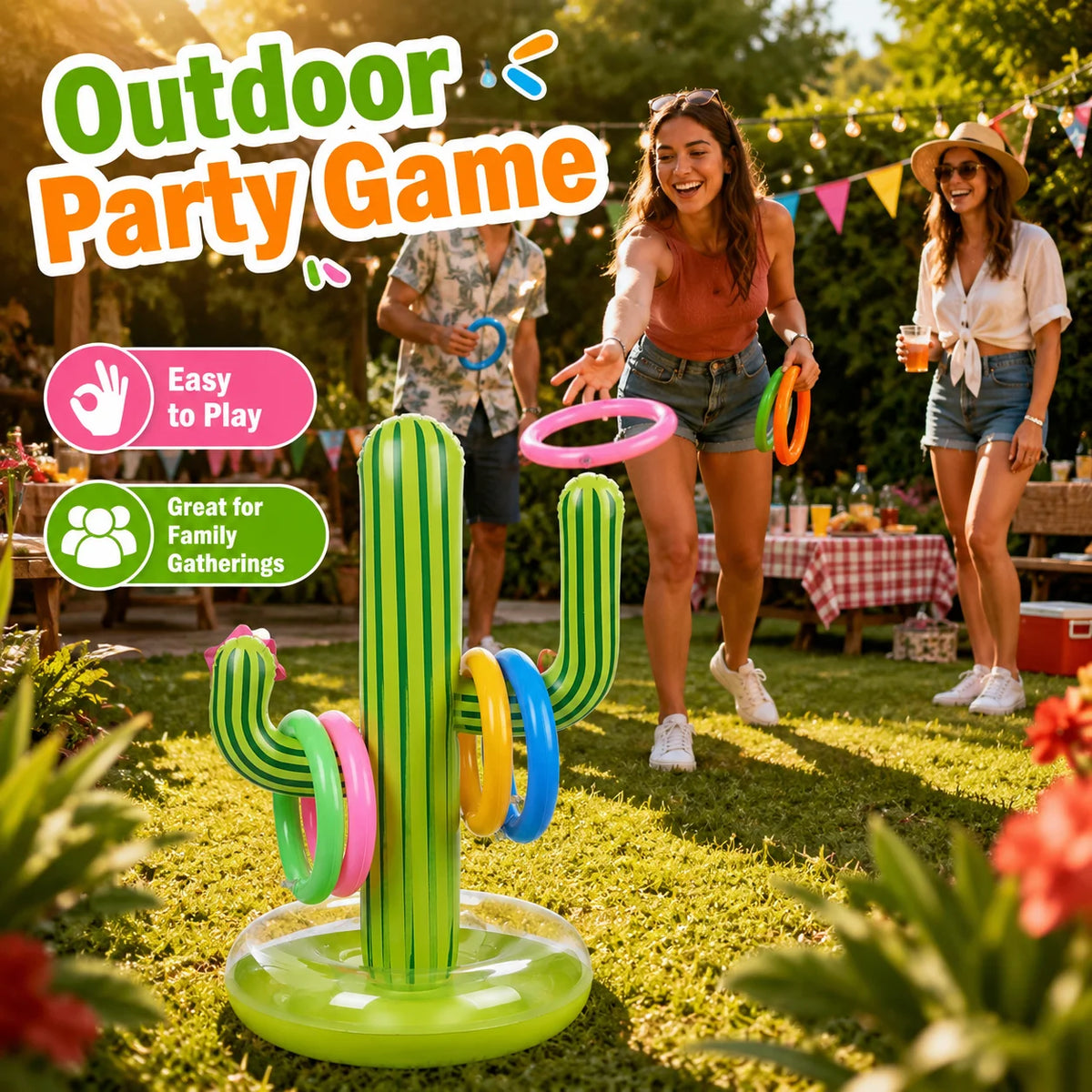 Cactus Ring Toss Game during an outdoor party, with a player throwing a pink ring toward the cactus