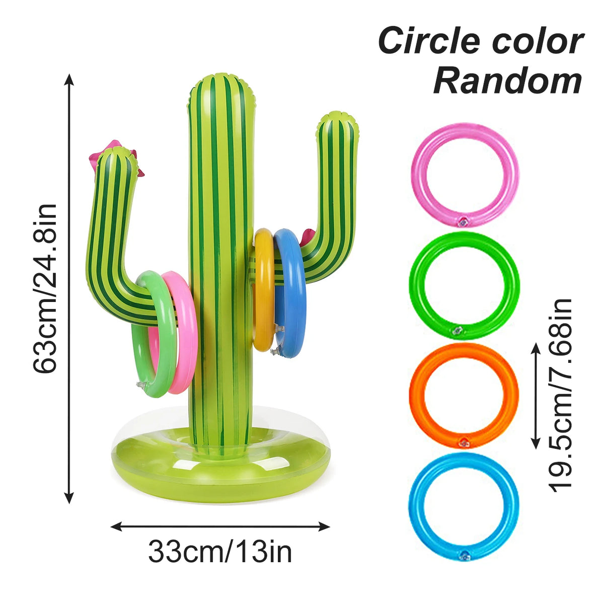Cactus Ring Toss Game size guide showing a 24.8-inch cactus, 13-inch base and randomly colored rings