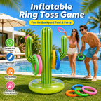 Cactus Ring Toss Game on a lawn beside a pool, with inflation, portability and PVC material callouts