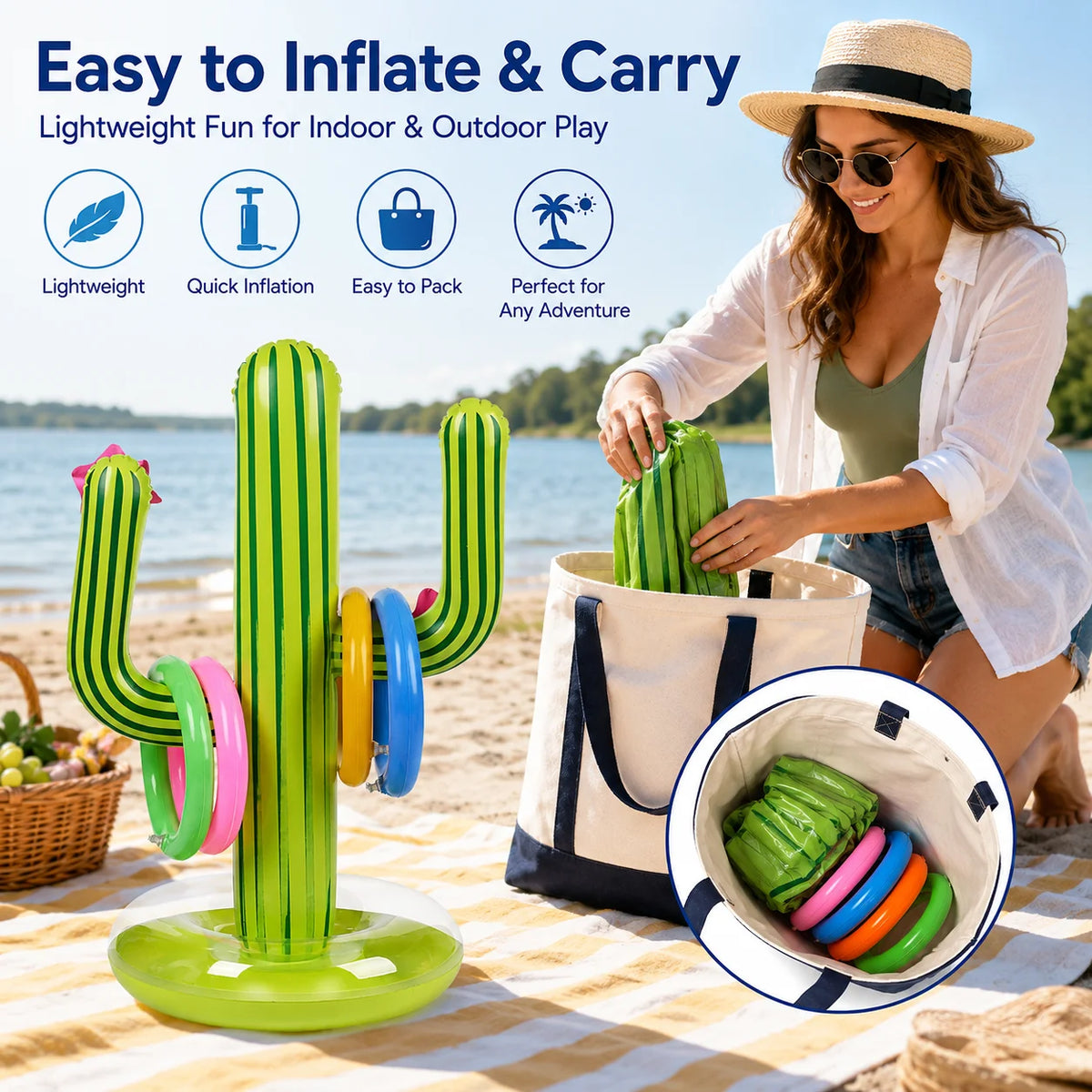 Cactus Ring Toss Game showing the inflated target and a deflated set being packed into a beach tote