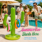 Cactus Ring Toss Game with a green striped cactus target and adults tossing rings beside a pool