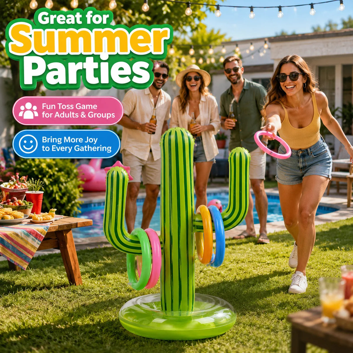 Cactus Ring Toss Game with adults taking turns tossing pink rings at a backyard summer gathering