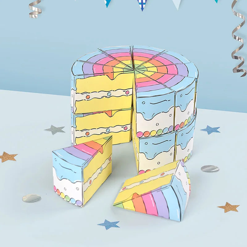 Cake Slice Favor Boxes in blue arranged as a cake with individual triangular boxes displayed in front