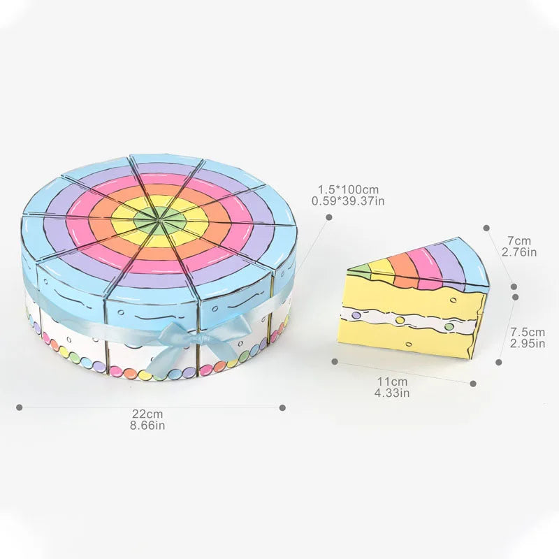 Cake Slice Favor Boxes size guide showing an 11 × 7.5 × 7 cm box and 22 cm assembled display