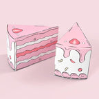 Cake Slice Favor Boxes in pink showing front and side views of the triangular paperboard design