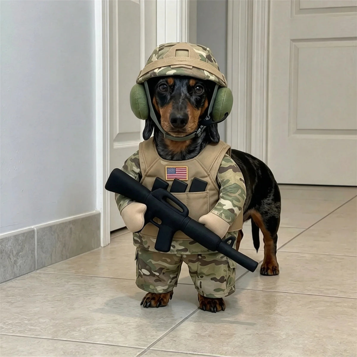 Camo Dog Soldier Costume on a dachshund by a doorway, with helmet, flag patch and toy rifle prop