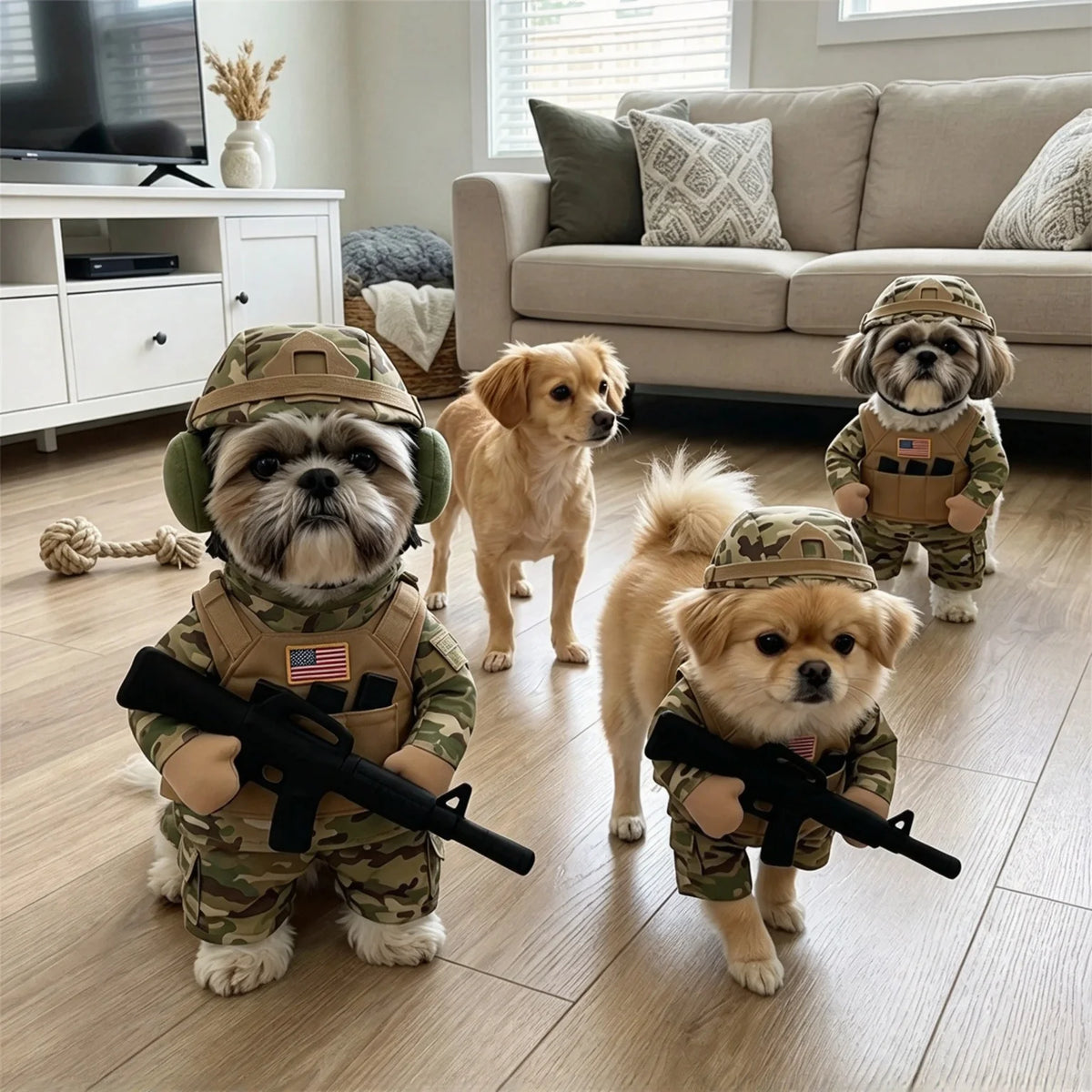 Camo Dog Soldier Costume worn by three small dogs together in a bright living room