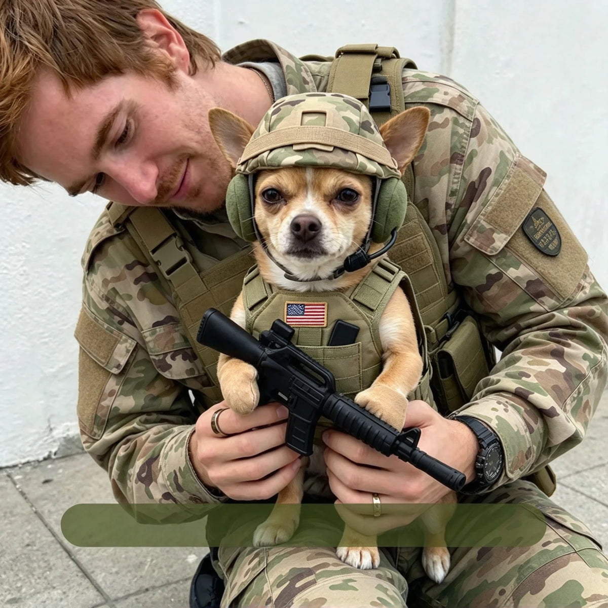 Camo Dog Soldier Costume worn by a small dog held by an owner in matching camouflage clothing