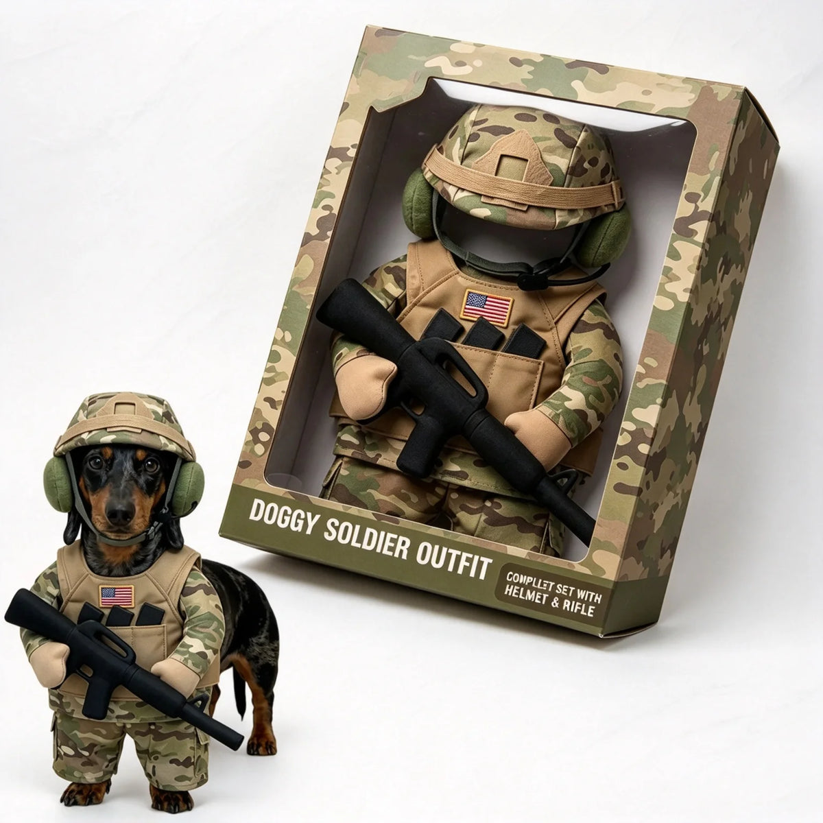 Camo Dog Soldier Costume camouflage display packaging with helmet and toy rifle, beside a dressed dog
