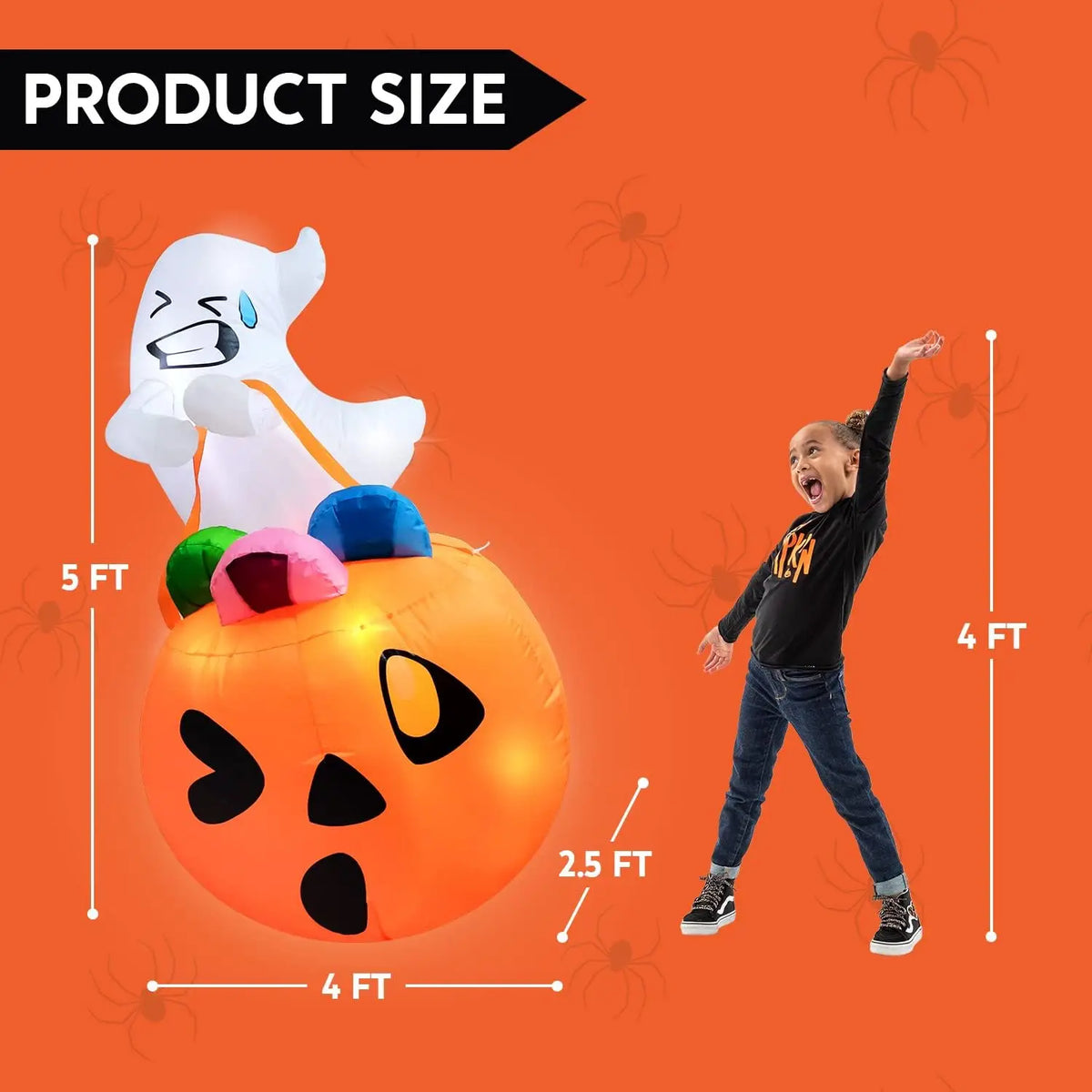 Candy-Carrying Ghost Inflatable size guide showing 5-foot height, 4-foot width, and 2.5-foot depth.