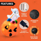 Candy-Carrying Ghost Inflatable detail graphic showing stakes, tethers, fabric, power adapter, and built-in blower.