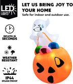 Candy-Carrying Ghost Inflatable feature graphic showing lighting, inflation, and weather-resistance information.