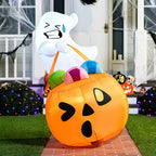 Candy-Carrying Ghost Inflatable with a winking orange pumpkin bag and colorful candy outside a decorated porch.