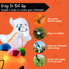 Candy-Carrying Ghost Inflatable setup guide showing zipper closure, plug-in inflation, tethering, and staking.