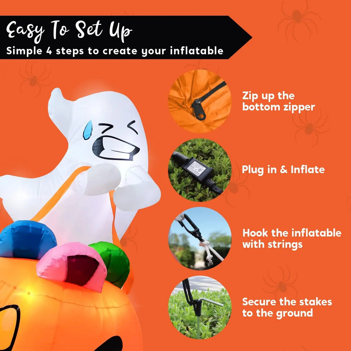Candy-Carrying Ghost Inflatable setup guide showing zipper closure, plug-in inflation, tethering, and staking.
