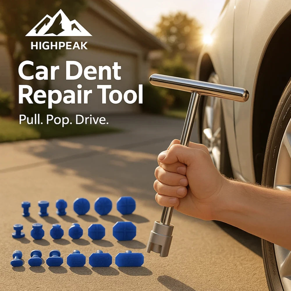 HighPeak Car Dent Repair Tool kit with aluminum T-bar and 18 blue repair heads for paintless dent removal on silver car.