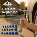 HighPeak Car Dent Repair Tool kit with aluminum T-bar and 18 blue repair heads for paintless dent removal on silver car.
