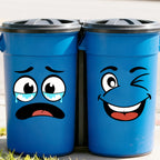 Cartoon Face Stickers Pack with teary and winking expressions on two blue outdoor bins