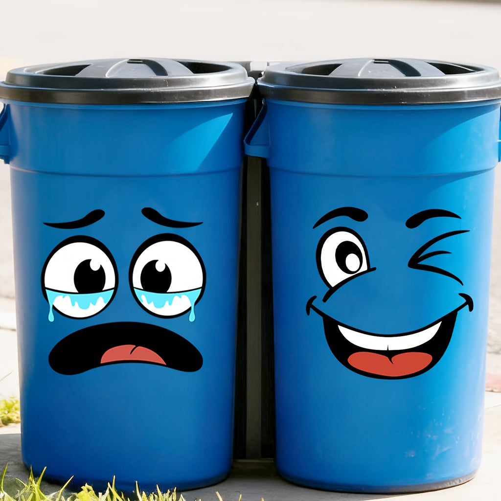 Cartoon Face Stickers Pack with teary and winking expressions on two blue outdoor bins